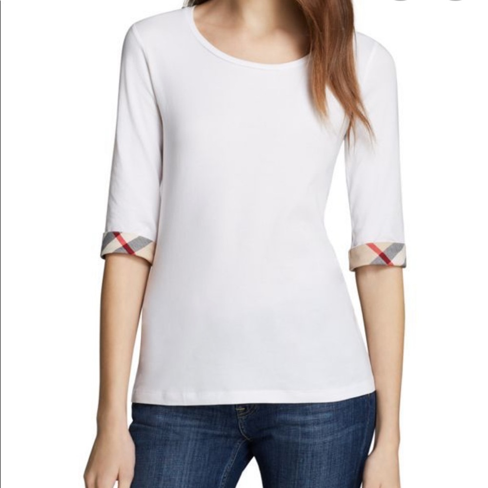 Burberry Scoop Neck Three Quarter Sleeve Tee with Check Cuffs